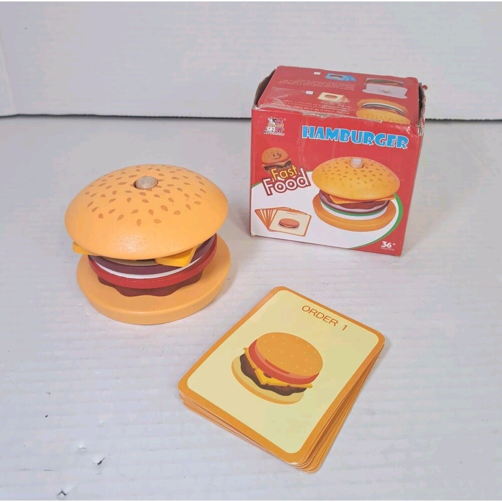 Create A Burger Wooden Toy Puzzle Game Fast Food Sandwich Play Set w/ 10 Cards